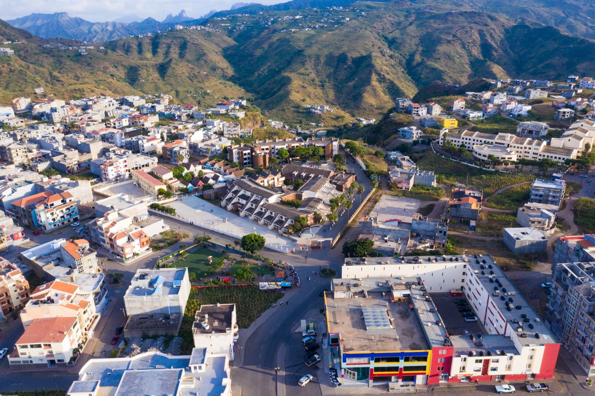 Een innemende achtergrond van centraal Assomada, Santiago Island