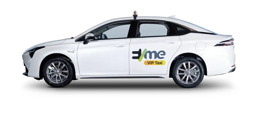 Happy EV Taxi bringing passengers to their travel destination